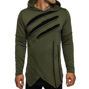 Zacard Hoodie Asymmetrical Ripped Shredded Zipper Unique Army Green Sweatshirt